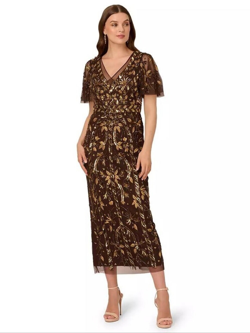 Adrianna Papell Brown and Gold Embroidered V-Neck Midi Dress